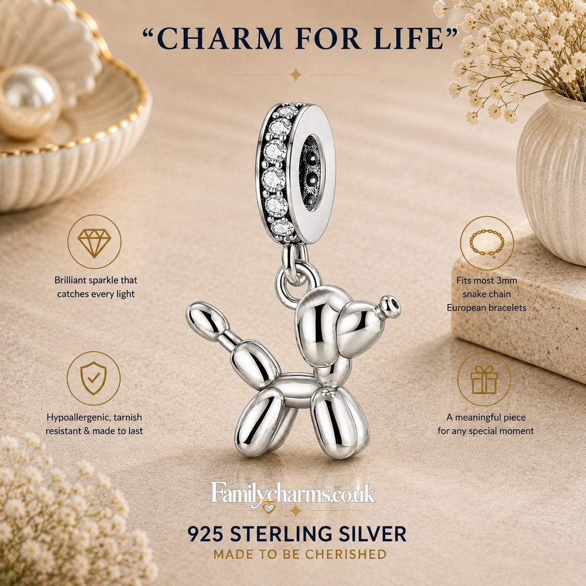 Balloon Dog Puppy Pet Sterling Silver Charm Hallmarked S925 for Charm Bracelet and Necklace