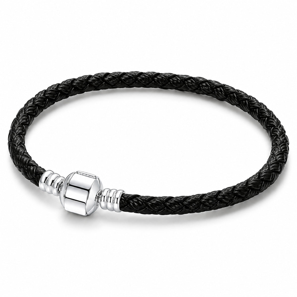 Barrel Black Leather Charm Bracelet