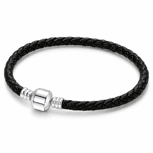 Barrel Black Leather Charm Bracelet