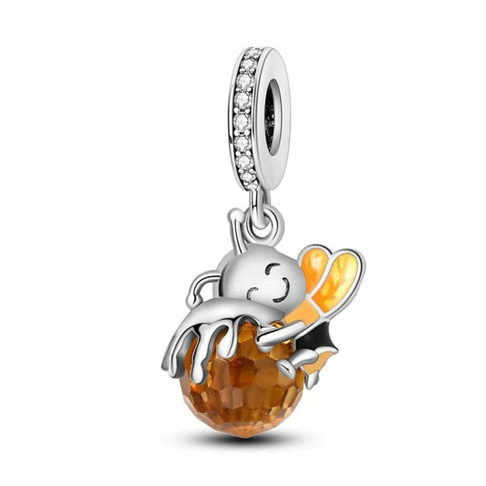 Bee Hugging Honey Dangle Sterling Silver Charm Hallmarked S925 for Charm Bracelet and Necklace