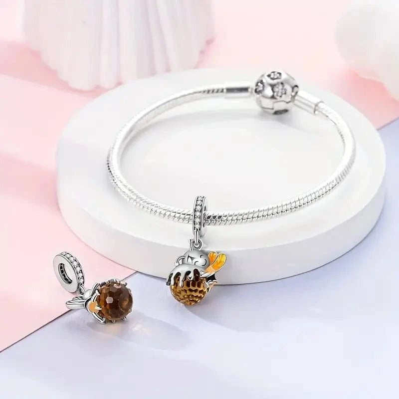 Bee Hugging Honey Dangle Sterling Silver Charm Hallmarked S925 for Charm Bracelet and Necklace