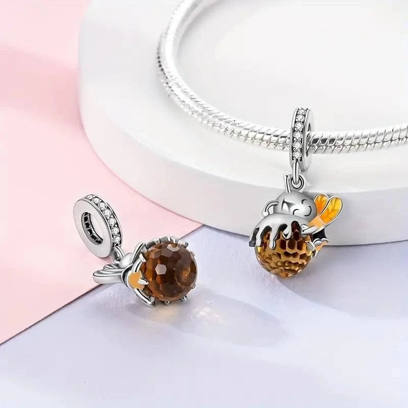 Bee Hugging Honey Dangle Sterling Silver Charm Hallmarked S925 for Charm Bracelet and Necklace