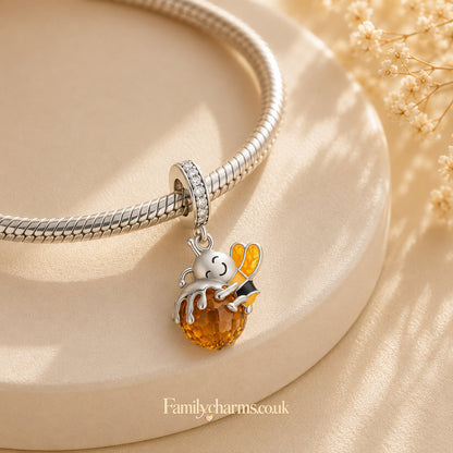 Bee Hugging Honey Dangle Sterling Silver Charm Hallmarked S925 for Charm Bracelet and Necklace