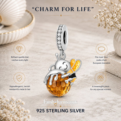 Bee Hugging Honey Dangle Sterling Silver Charm Hallmarked S925 for Charm Bracelet and Necklace