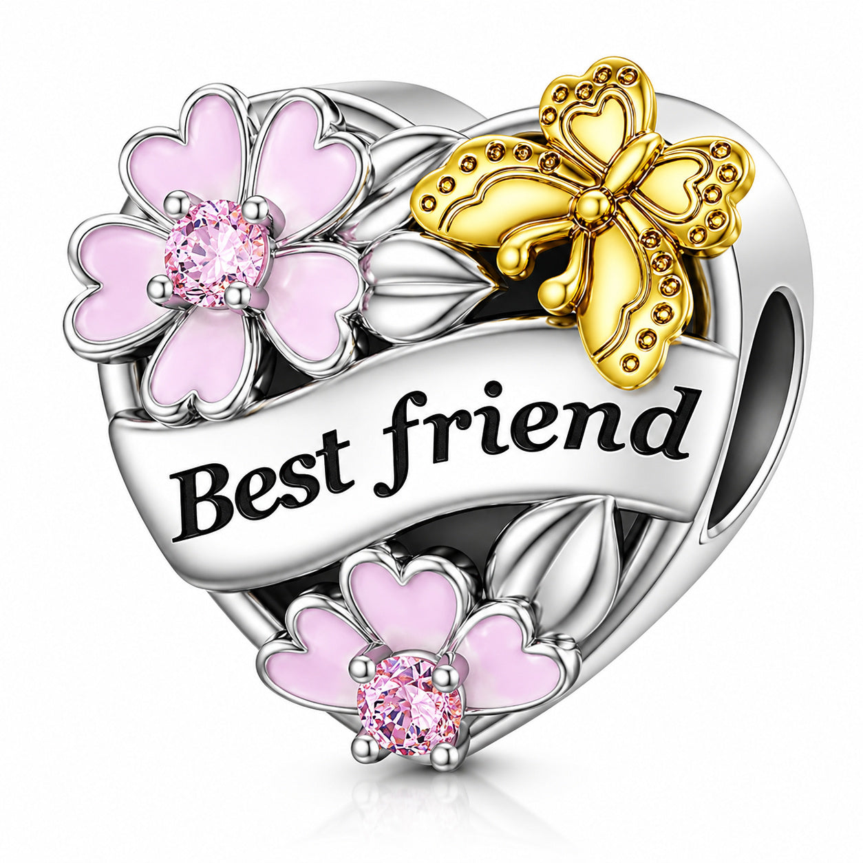Best Friend Flower & Butterfly Heart Sterling Silver Charm Hallmarked S925 for Charm Bracelet and Necklace