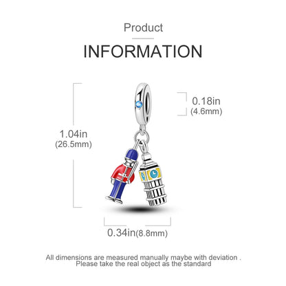 Big Ben Red and Blue Knight Sterling Silver Charm Hallmarked S925 for Charm Bracelet and Necklace