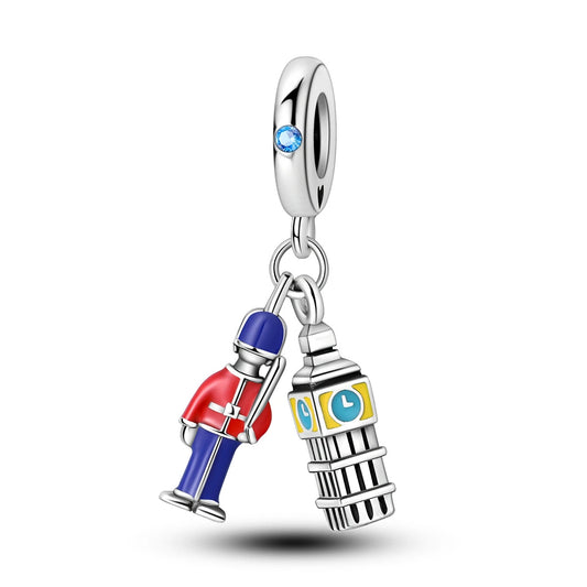 Big Ben Red and Blue Knight Sterling Silver Charm Hallmarked S925 for Charm Bracelet and Necklace