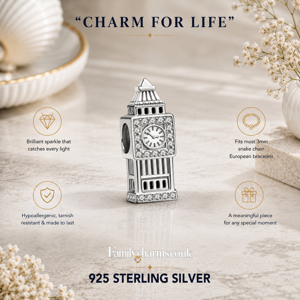 Big Ben Bead Charm Sterling Silver Charm Hallmarked S925 for Charm Bracelet and Necklace