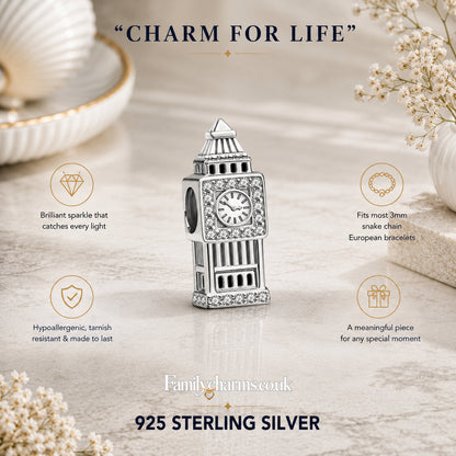 Big Ben Bead Charm Sterling Silver Charm Hallmarked S925 for Charm Bracelet and Necklace