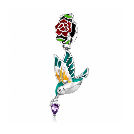 Bird and Flower Sterling Silver Charm Hallmarked S925 for Charm Bracelet and Necklace
