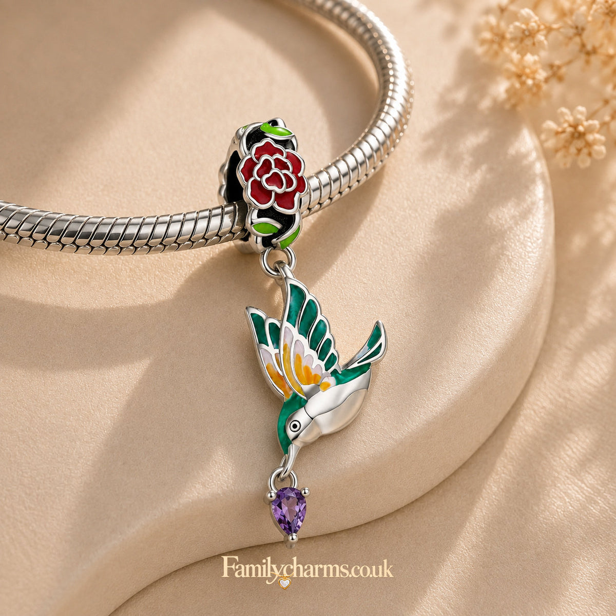 Bird and Flower Sterling Silver Charm Hallmarked S925 for Charm Bracelet and Necklace