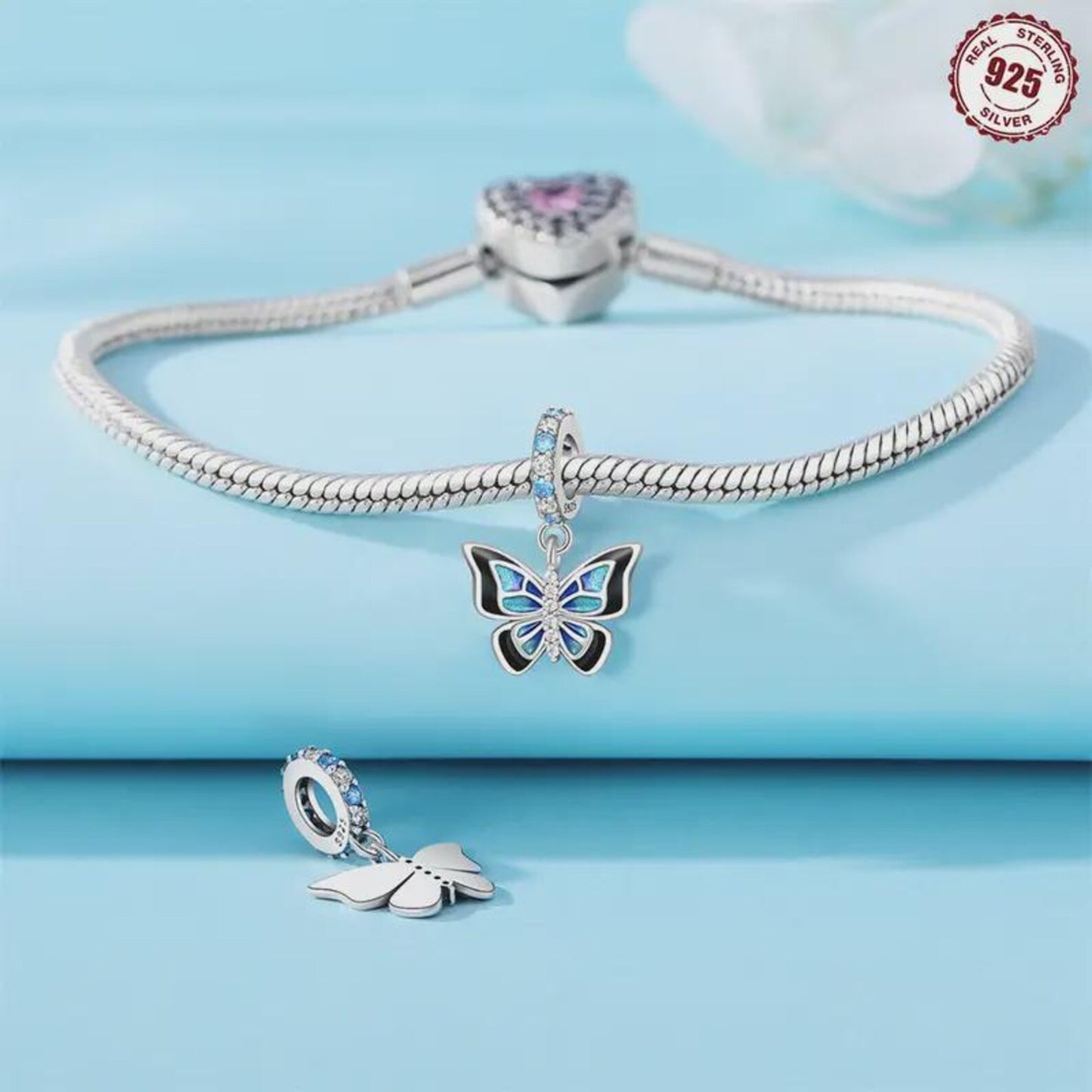 Black Blue Butterfly Sterling Silver Charm Hallmarked S925 for Charm Bracelet and Necklace