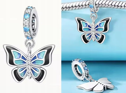 Black Blue Butterfly Sterling Silver Charm Hallmarked S925 for Charm Bracelet and Necklace