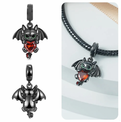 Black Dragon Embraces Heart Sterling Silver Charm Hallmarked S925 for Charm Bracelet and Necklace