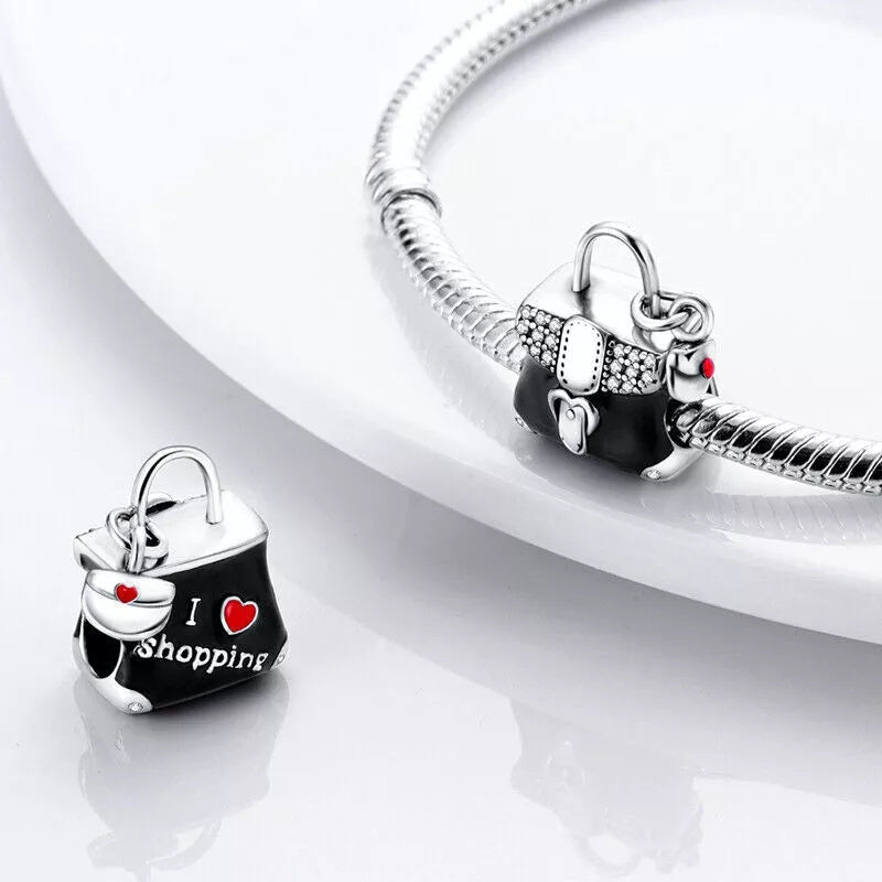 Black Handbag Sterling Silver Charm Hallmarked S925 for Charm Bracelet and Necklace