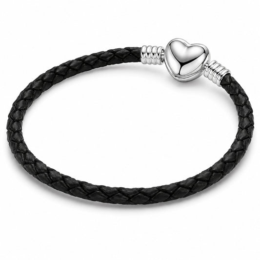 Black Leather Heart Rope Chain Charm Bracelet