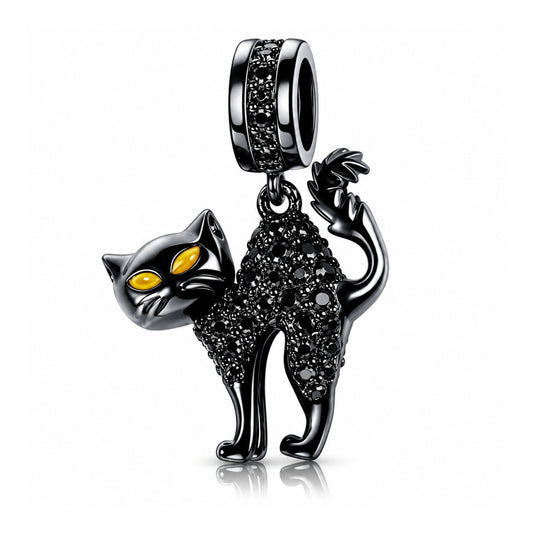 Black Cat Dangle Sterling Silver Charm Hallmarked S925 for Charm Bracelet and Necklace