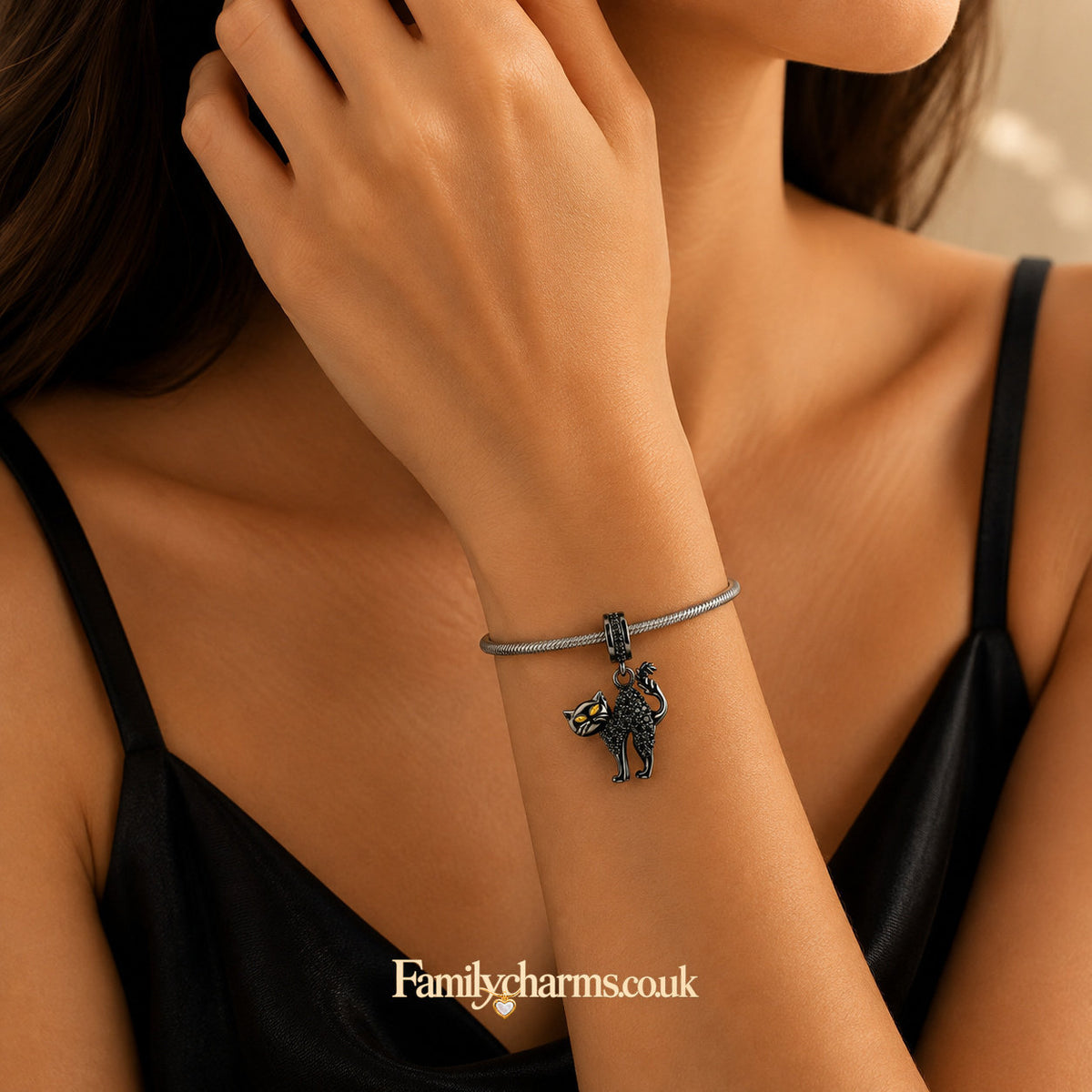 Black Cat Dangle Sterling Silver Charm Hallmarked S925 for Charm Bracelet and Necklace