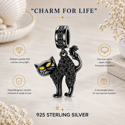 Black Cat Dangle Sterling Silver Charm Hallmarked S925 for Charm Bracelet and Necklace