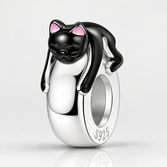 Black Cat Stopper Sterling Silver Charm Hallmarked S925 for Charm Bracelet and Necklace