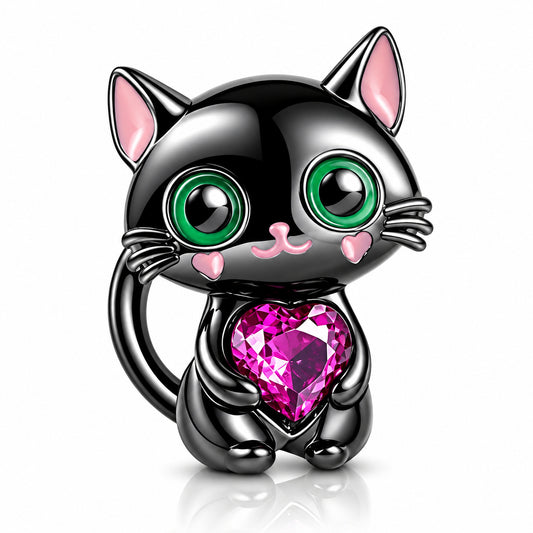 Black Cat with Jewel Heart Sterling Silver Charm Hallmarked S925 for Charm Bracelet and Necklace