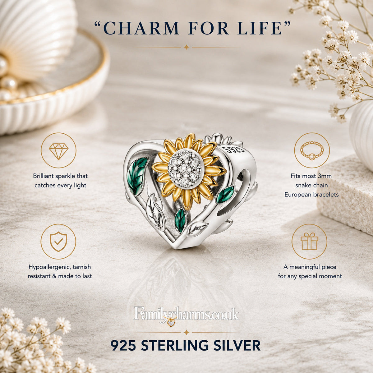 Sunflower Heart Sterling Silver Charm Hallmarked S925 for Charm Bracelet and Necklace