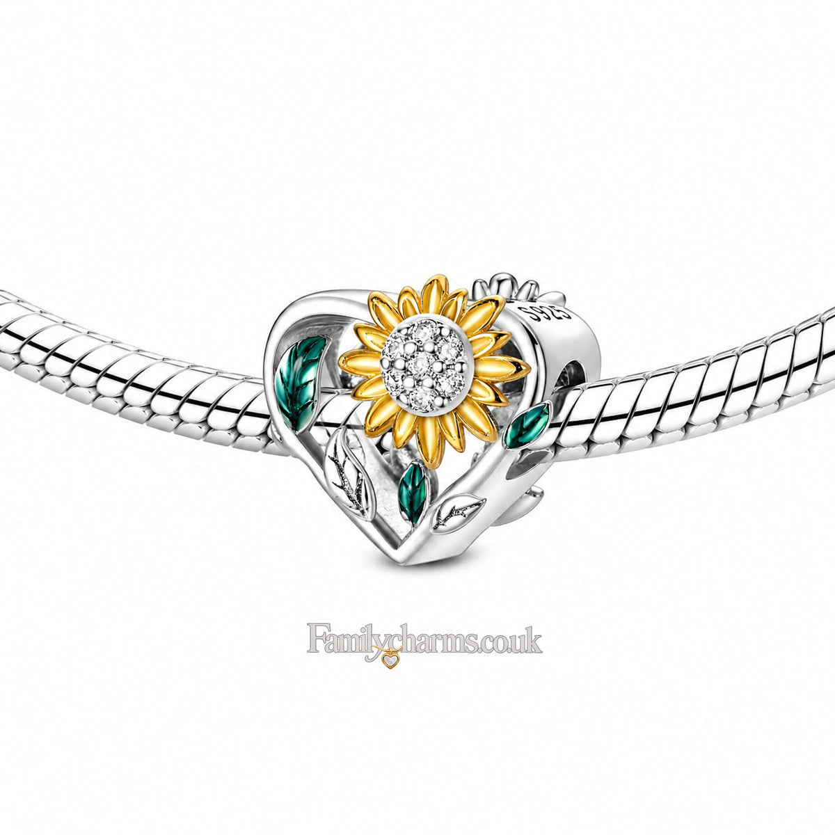 Sunflower Heart Sterling Silver Charm Hallmarked S925 for Charm Bracelet and Necklace