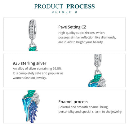 Blue Angel Wing Pendant Sterling Silver Charm Hallmarked S925 for Charm Bracelet and Necklace