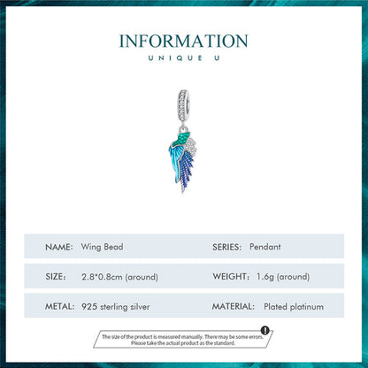 Blue Angel Wing Pendant Sterling Silver Charm Hallmarked S925 for Charm Bracelet and Necklace