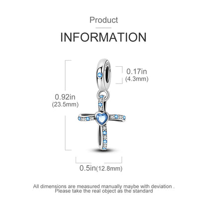 Blue Beaded Cross Sterling Silver Charm Hallmarked S925 for Charm Bracelet and Necklace