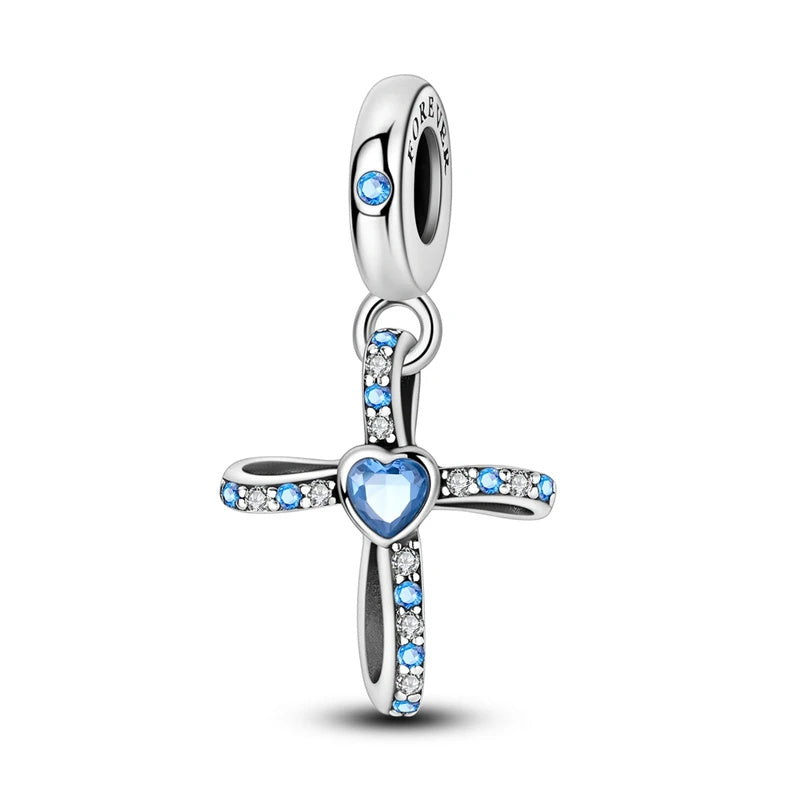 Blue Beaded Cross Sterling Silver Charm Hallmarked S925 for Charm Bracelet and Necklace