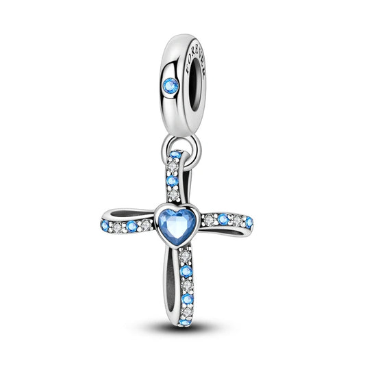 Blue Beaded Cross Sterling Silver Charm Hallmarked S925 for Charm Bracelet and Necklace