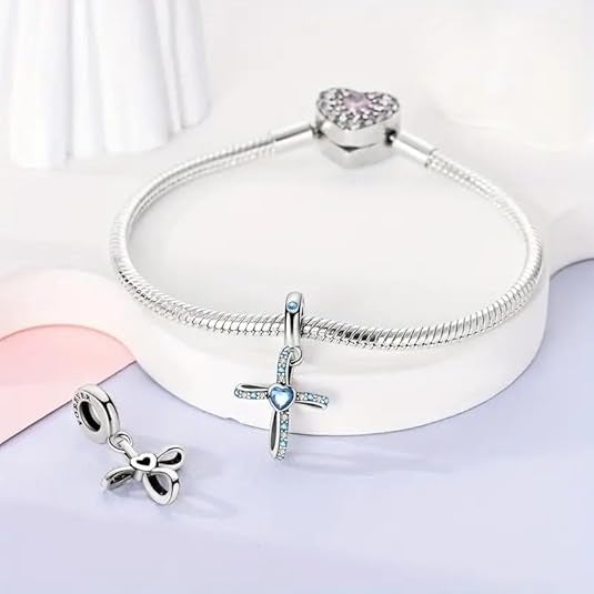 Blue Beaded Cross Sterling Silver Charm Hallmarked S925 for Charm Bracelet and Necklace