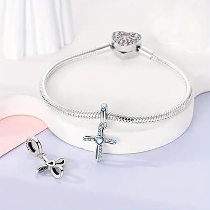 Blue Beaded Cross Sterling Silver Charm Hallmarked S925 for Charm Bracelet and Necklace