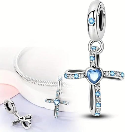 Blue Beaded Cross Sterling Silver Charm Hallmarked S925 for Charm Bracelet and Necklace