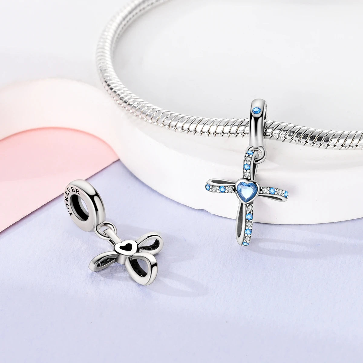 Blue Beaded Cross Sterling Silver Charm Hallmarked S925 for Charm Bracelet and Necklace