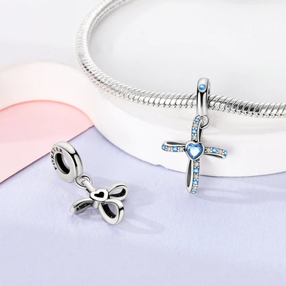 Blue Beaded Cross Sterling Silver Charm Hallmarked S925 for Charm Bracelet and Necklace