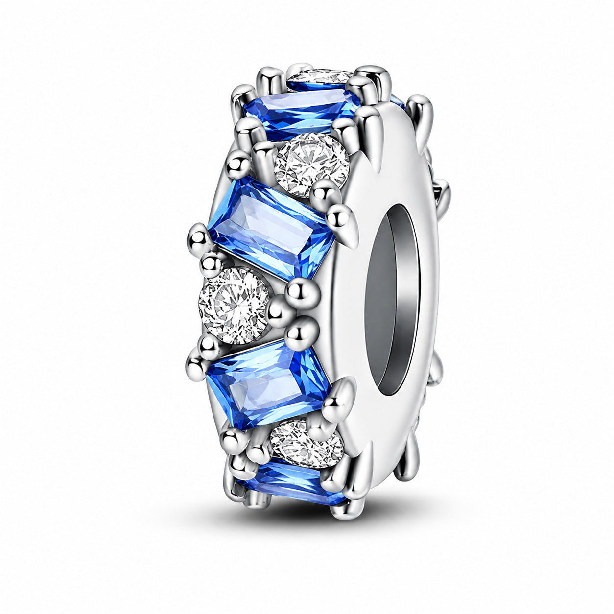 Blue Bezel Stopper with Silicone Ring Sterling Silver Charm Hallmarked S925 for Charm Bracelet and Necklace