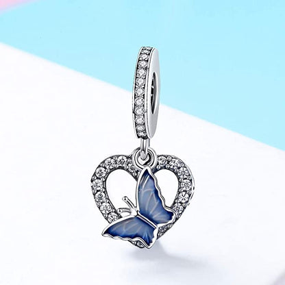 Blue Butterfly Heart Pendant Sterling Silver Charm Hallmarked S925 for Charm Bracelet and Necklace