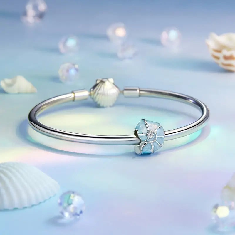 Blue Conch Seashell Bead Sterling Silver Charm Hallmarked S925 for Charm Bracelet and Necklace