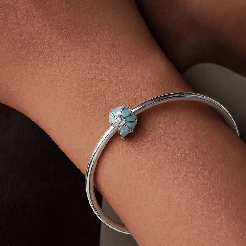 Blue Conch Seashell Bead Sterling Silver Charm Hallmarked S925 for Charm Bracelet and Necklace