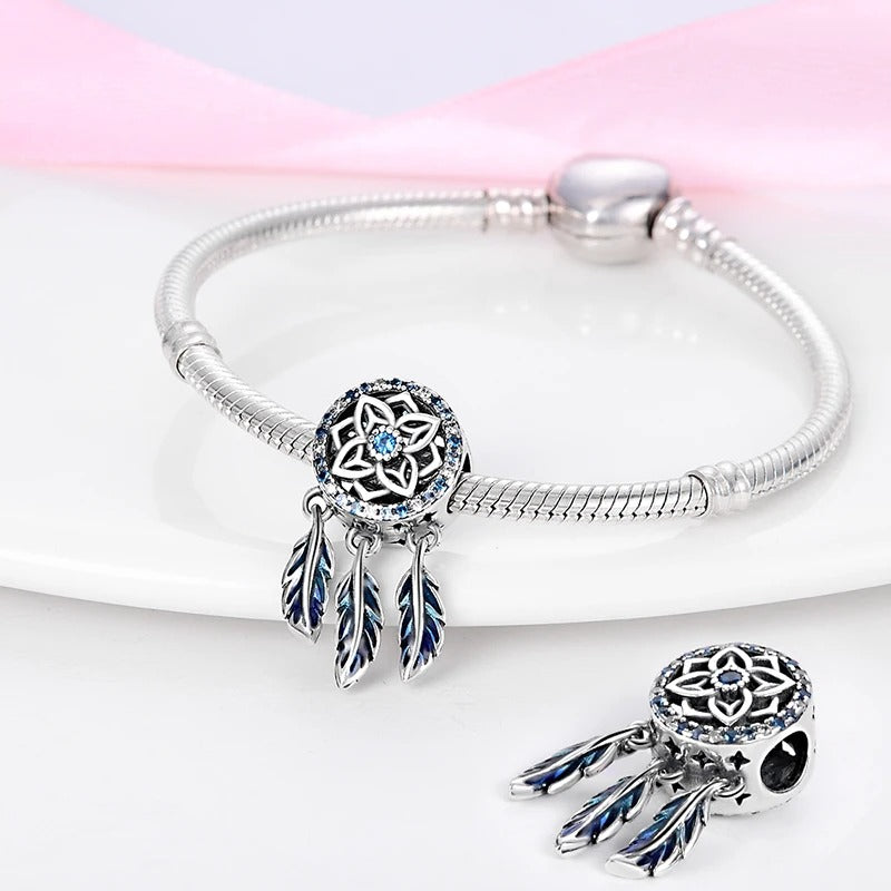 Blue Dreamcatcher Charm for Bracelet, S925 Sterling Silver