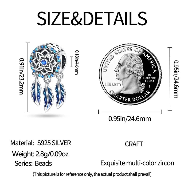 Blue Dreamcatcher Charm for Bracelet, S925 Sterling Silver
