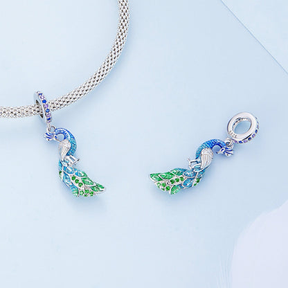 Blue Enchanting Peacock Pendant Sterling Silver Charm Hallmarked S925 for Charm Bracelet and Necklace