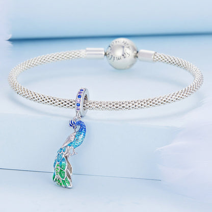Blue Enchanting Peacock Pendant Sterling Silver Charm Hallmarked S925 for Charm Bracelet and Necklace