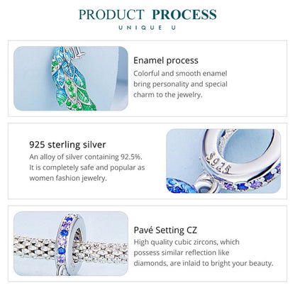 Blue Enchanting Peacock Pendant Sterling Silver Charm Hallmarked S925 for Charm Bracelet and Necklace