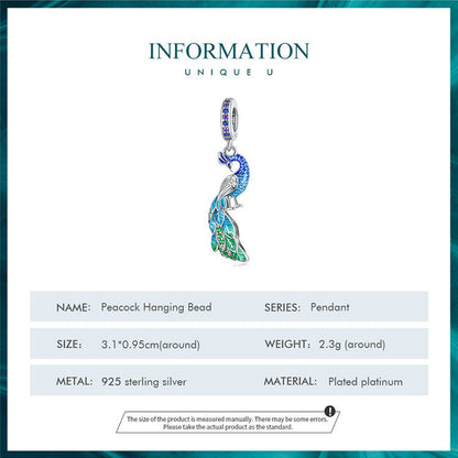 Blue Enchanting Peacock Pendant Sterling Silver Charm Hallmarked S925 for Charm Bracelet and Necklace