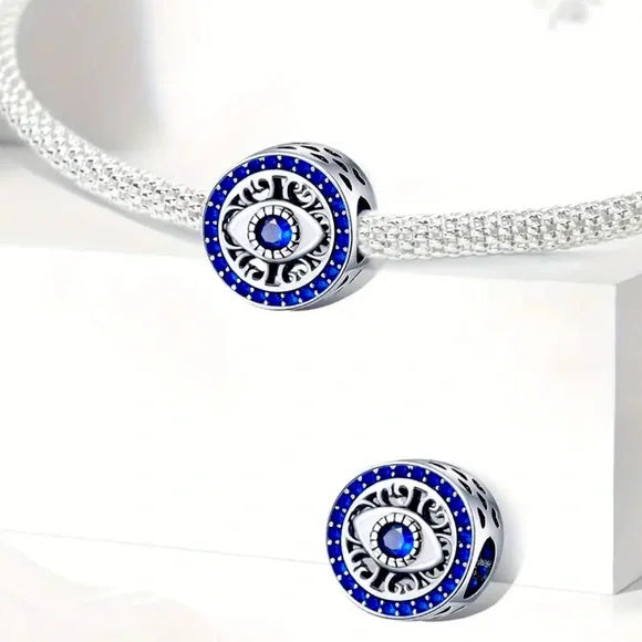 Blue Evil Eye Bead Sterling Silver Charm Hallmarked S925 for Charm Bracelet and Necklace