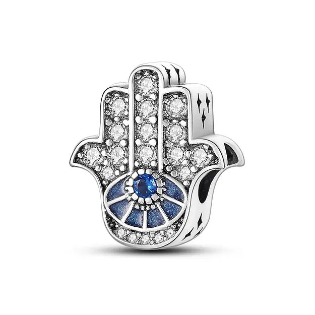 Blue Hamsa Hand Sterling Silver Charm Hallmarked S925 for Charm Bracelet and Necklace