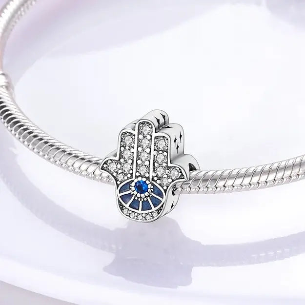 Blue Hamsa Hand Sterling Silver Charm Hallmarked S925 for Charm Bracelet and Necklace
